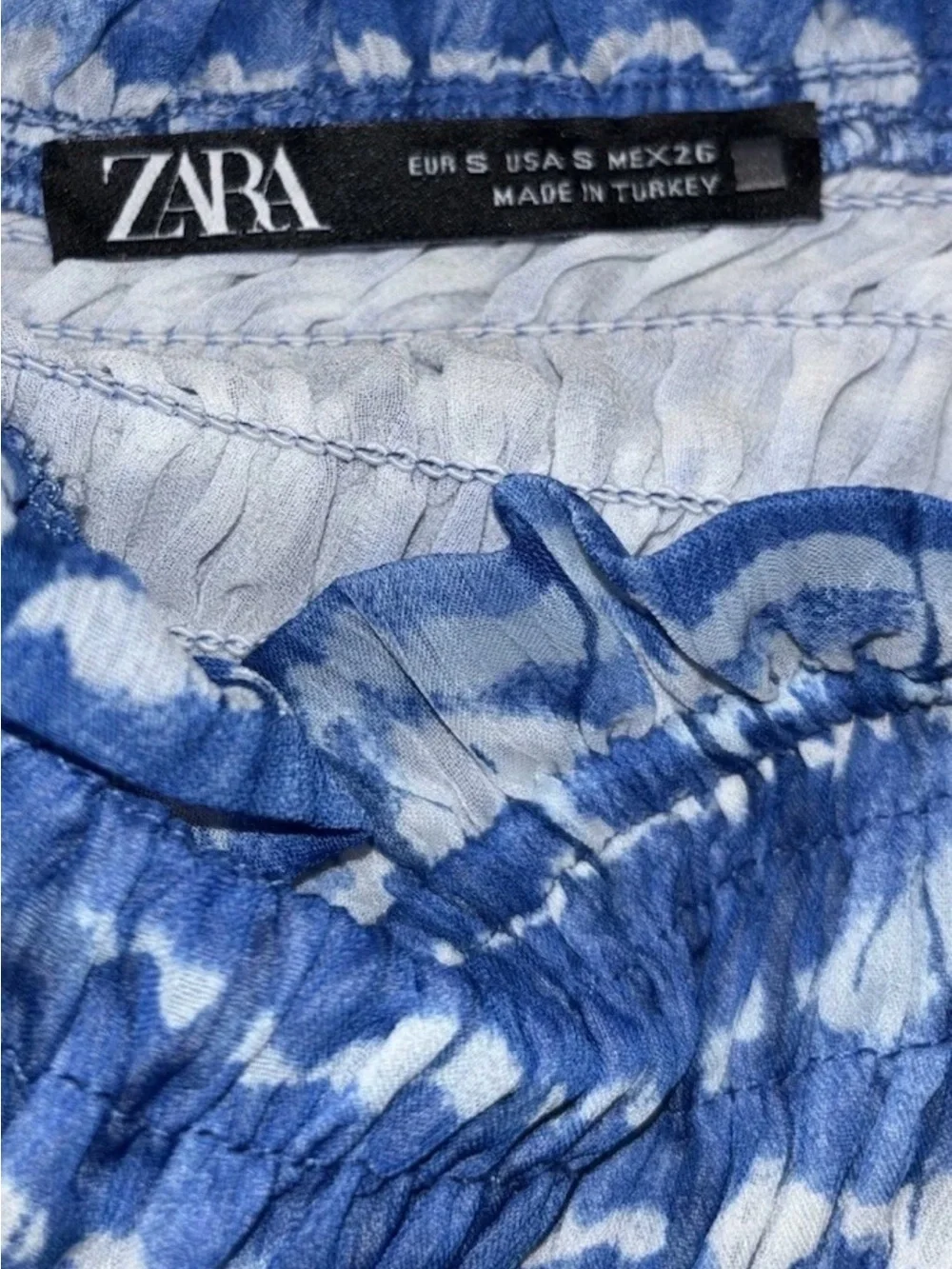 Zara Blue Tie-Dye Cropped Off The Shoulder Shirred Peplum Top w Puff Sleeves-Sm